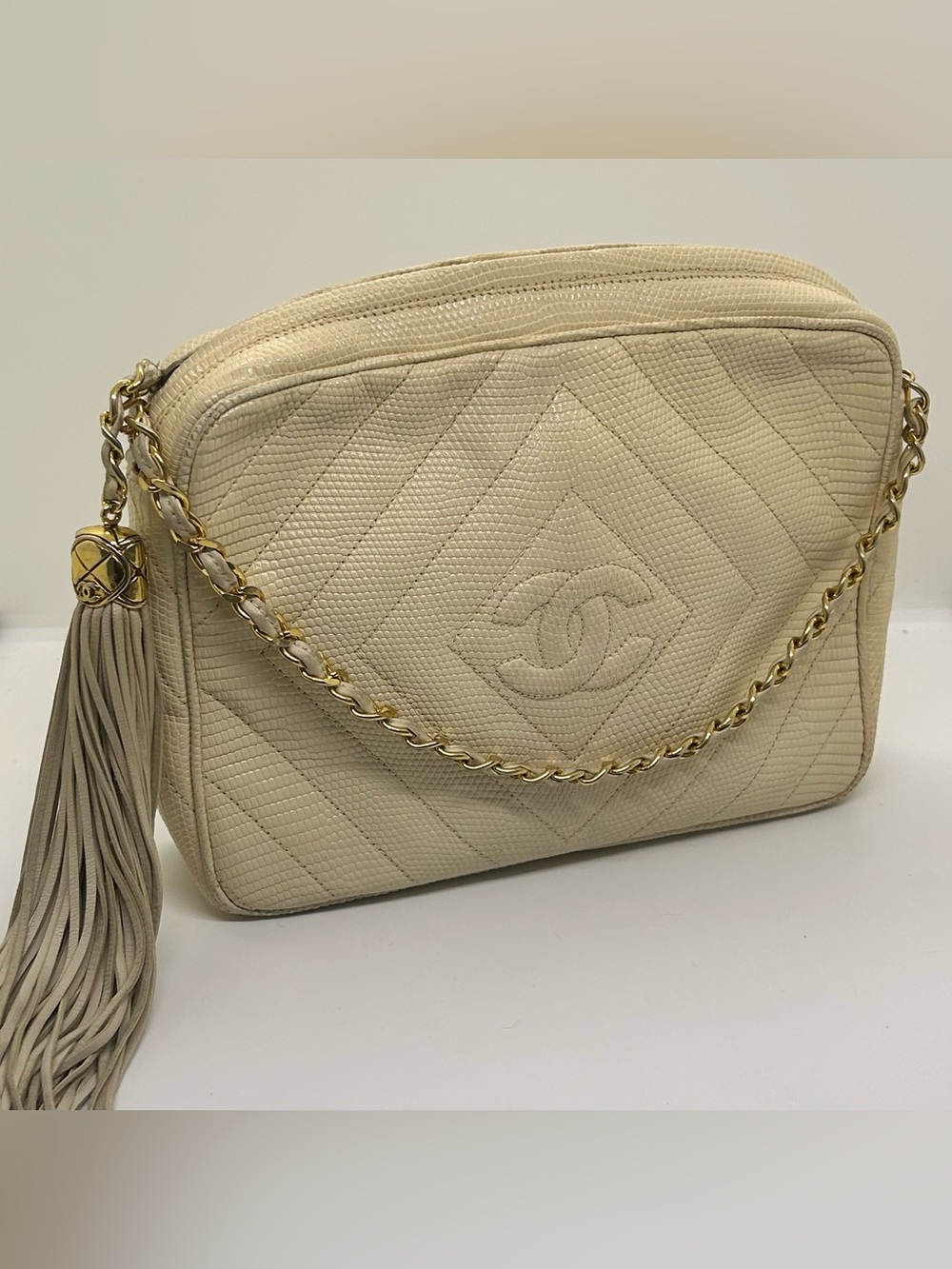 CHANEL Vintage RARE Exotic Lizard Chevron CC Tassel Camera Shoulder Bag